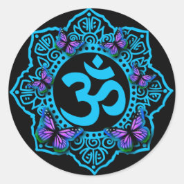 青いオームのマンダラデザインと紫の蝶 ラウンドシール