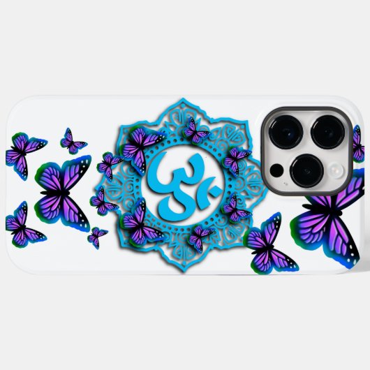 青いオームのマンダラデザインと紫の蝶 Case-Mate iPhoneケース (裏面 (横))