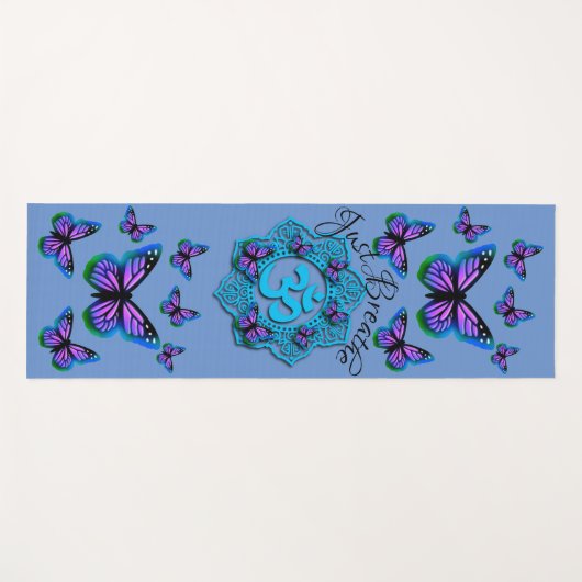 青いオームデザインと紫の蝶よ ヨガマット (正面(横))