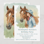 青いカウボーイが馬にキスする誕生日パーティー 招待状 (正面/裏面)