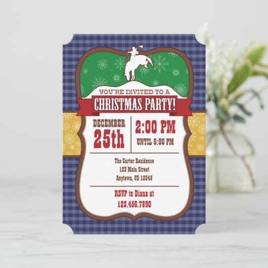 青いカウボーイのクリスマスパーティー招待状 招待状 (スタンド正面)