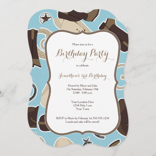 青いカウボーイのテーマの誕生日のパーティの招待状 招待状 (正面/裏面)