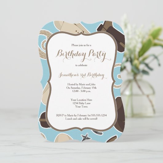 青いカウボーイのテーマの誕生日のパーティの招待状 招待状 (スタンド正面)