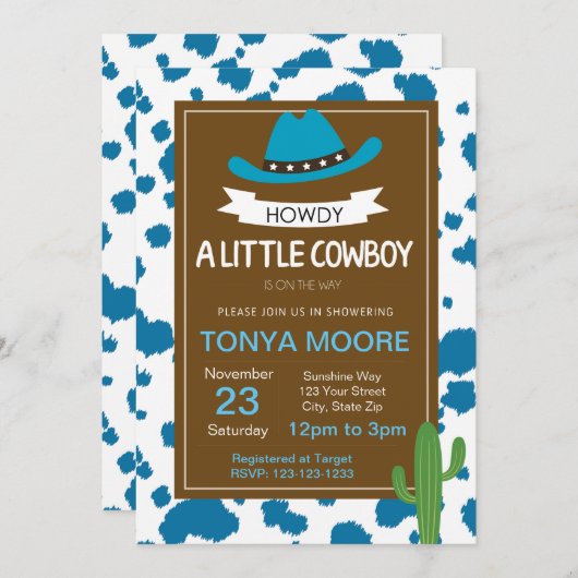 青いカウボーイのベビーシャワーの招待状 招待状 (正面/裏面)