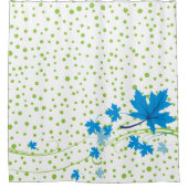 青いカエデ葉ーの水玉模様と緑のモダン シャワーカーテン (正面)