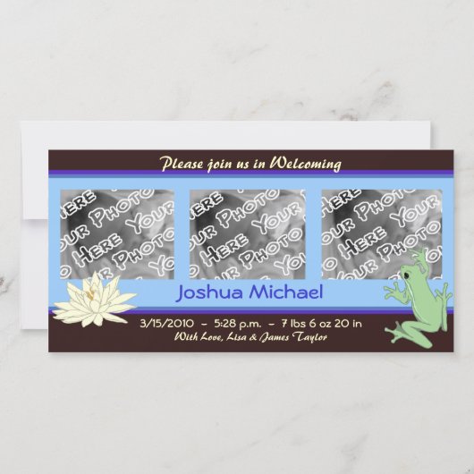 青いカエルとハスの誕生のお知らせ 案内状 (正面)