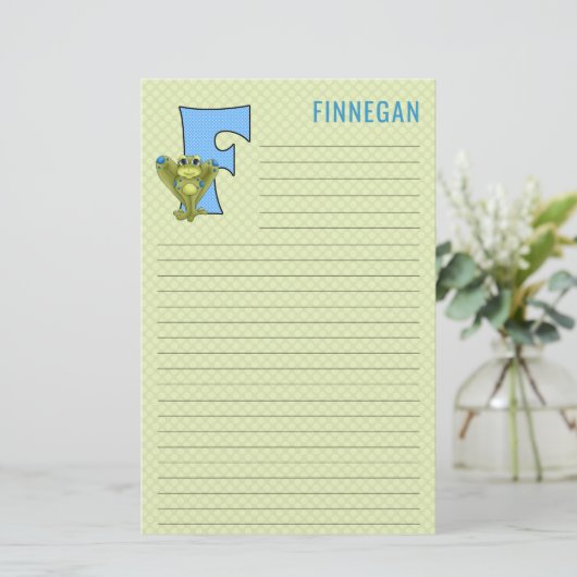 青いカエルと緑の格子状の文字Fの並び 便箋 (スタンド正面)