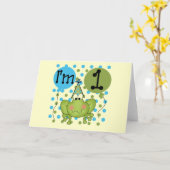 青いカエルの第1誕生日のTシャツおよびギフト カード (黄色い花)