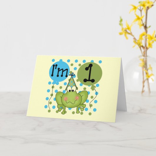 青いカエルの第1誕生日のTシャツおよびギフト カード (黄色い花)