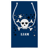 青いカスタマイズ可能なかわいいスカルとクロスボーン スモールペーパーバッグ (裏面)