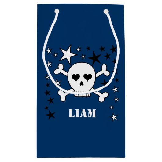 青いカスタマイズ可能なかわいいスカルとクロスボーン スモールペーパーバッグ (裏面)