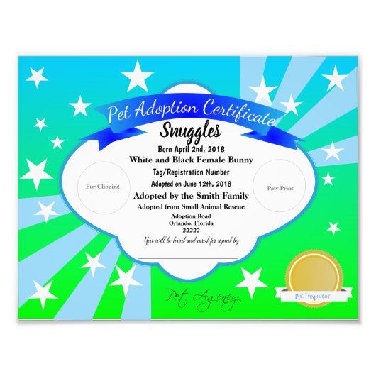 青いカスタマイズ可能なペット養子縁組の証明書 フォトプリント            (正面)