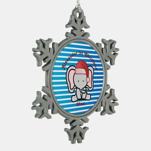 青いカスタム男の赤ちゃん名初めてのクリスマス2022 スノーフレークピューターオーナメント (左)