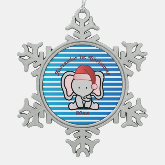 青いカスタム男の赤ちゃん名初めてのクリスマス2022 スノーフレークピューターオーナメント (正面)