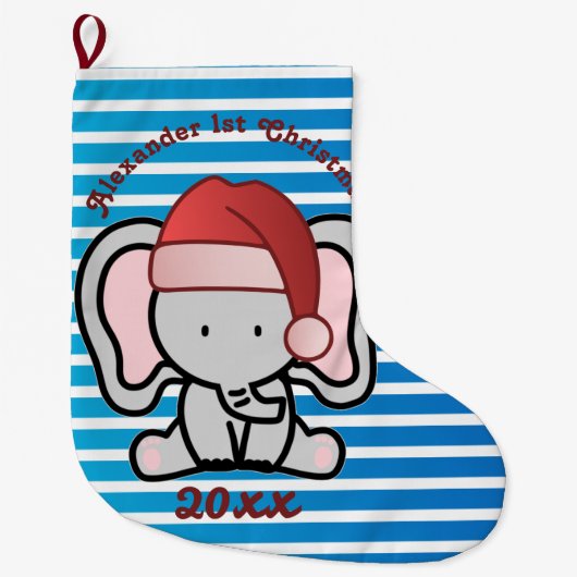 青いカスタム男の赤ちゃん名初めてのクリスマス2022 ラージクリスマスストッキング (正面)
