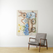 青いカスタム花の背景を持つバニー タペストリー (インサイチュ)