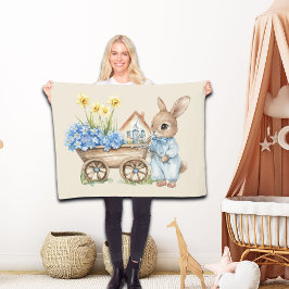 青いカスタム花を持つバニー フリースブランケット