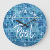 青いカッコいいタイルのスイミングプールファミリー名カスタム ラージ壁時計 (正面)