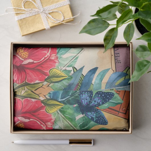 青いカニのトロピカルフラワーズ＆バタフライ 薄葉紙 (ギフト)