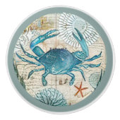 青いカニの海洋的装飾品の水彩画 セラミックノブ (正面)