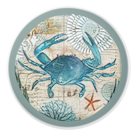 青いカニの海洋的装飾品の水彩画 セラミックノブ (正面)