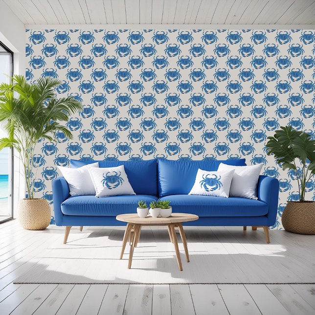 青いカニの海辺の壁紙 壁紙 (Blue crab wallpaper. Perfect for ocean beach house and nautical crustacean themed interiors.)