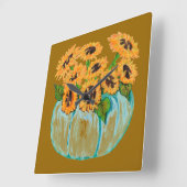 青いカボチャの花瓶時計のひまわり スクエア壁時計 (傾斜)