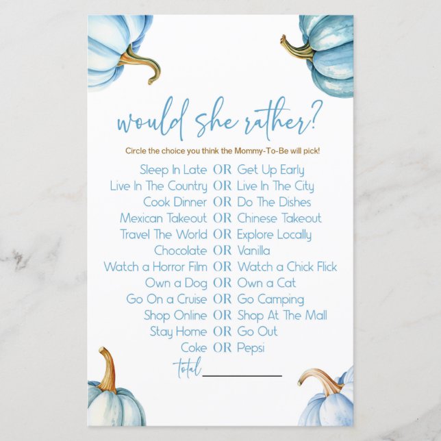 青いカボチャは彼女はむしろ赤ちゃんシャワーのゲームをする (正面)