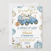 青いカボチャ離れの誕生日と干し草の山 招待状 (正面)