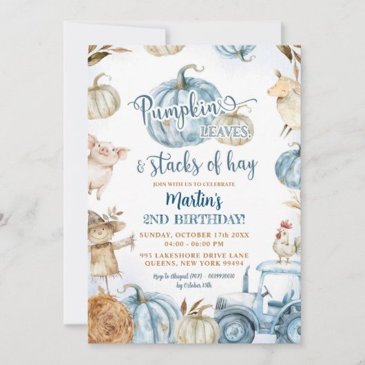 青いカボチャ離れの誕生日と干し草の山 招待状 (正面)