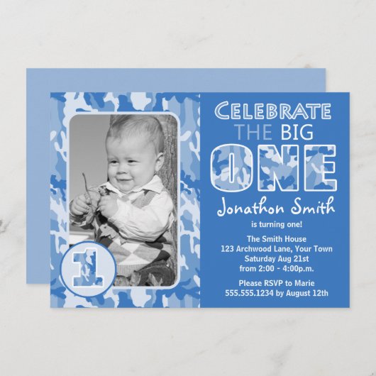 青いカムフラージュ/迷彩柄の写真の最初誕生会 招待状 (正面/裏面)