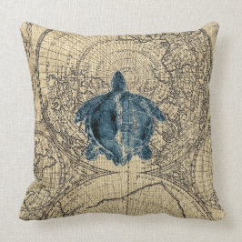 青いカメのイラストレーションの地図の沿岸蜂蜜色 クッション