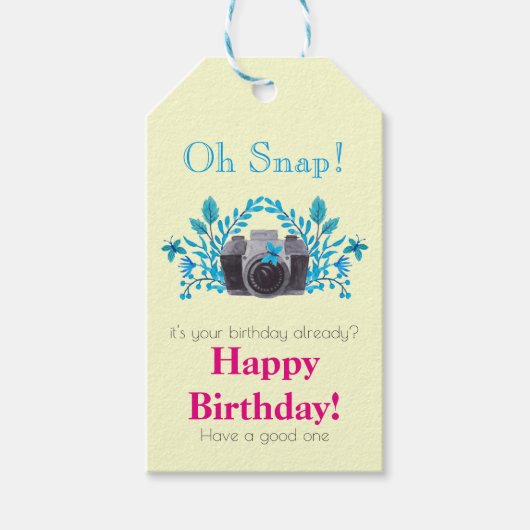 青いカメラ葉及び蝶誕生日 ギフトタグ (正面)