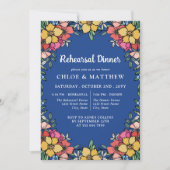青いカラフルなピンクの花の彩色リハーサルディナー 招待状 (正面)
