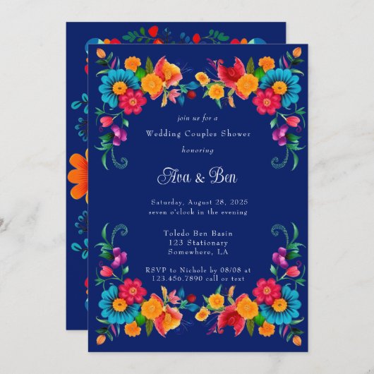 青いカラフルなメキシカンフィエスタウェディングカップルシャワー 招待状 (正面/裏面)
