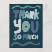 青いカラフルな曲線的なバブルレターにお礼を  ポストカード (正面)