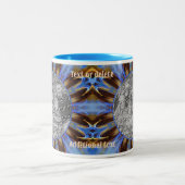 青いカラフル抽象芸術フレーム自分の写真を作成 ツートーンマグカップ (中央)