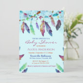 青いカラフル水彩羽ベビーシャワー 招待状 (スタンド正面)