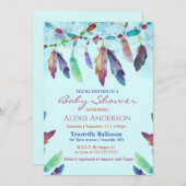 青いカラフル水彩羽ベビーシャワー 招待状 (正面/裏面)