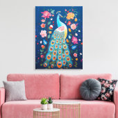 青いカラフル緑のオレンジ色の羽毛の孔雀 キャンバスプリント (インサイチュ (リビング))