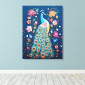 青いカラフル緑のオレンジ色の羽毛の孔雀 キャンバスプリント (インサイチュ (ウッドフロア))