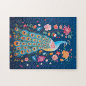 青いカラフル緑のオレンジ色の羽毛の孔雀 ジグソーパズル (横)