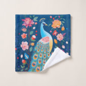 青いカラフル緑のオレンジ色の羽毛の孔雀 バスタオルセット (ウォッシュタオル)