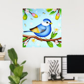 青いカラフル鳥が咲く枝に止まる ポスター (ホームオフィス)