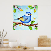 青いカラフル鳥が咲く枝に止まる ポスター (キッチン)