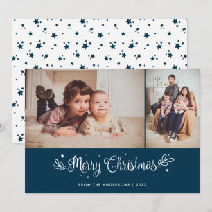 青いカリグラフィーのクリスマス写真カード シーズンカード