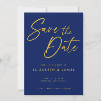青いカリグラフィーの結婚式 Save The Date 招待状
