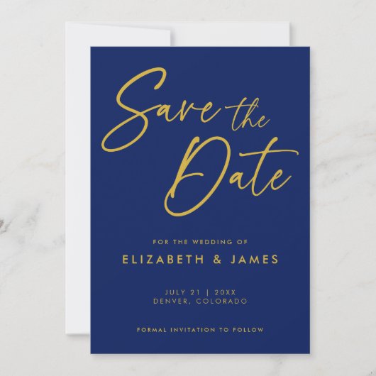 青いカリグラフィーの結婚式 Save The Date 招待状 (正面)