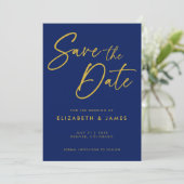 青いカリグラフィーの結婚式 Save The Date 招待状 (スタンド正面)