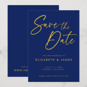 青いカリグラフィーの結婚式 Save The Date 招待状 (正面/裏面)